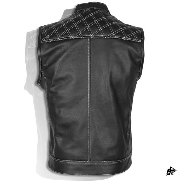 White‑Stitched Diamond Pattern on Black Leather Vest, back panel