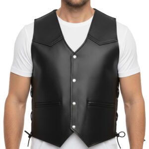 mens black leather vest