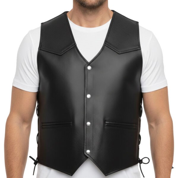 Men's Premium Black Leather Vest with Side Laces, pockets