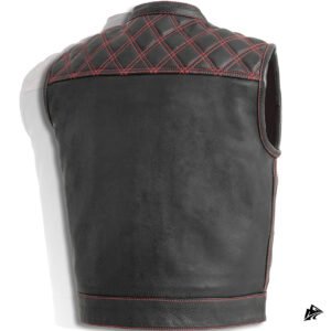 mens black leather vest with red stitching
