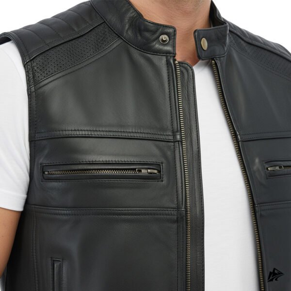 Premium Black Leather Biker Vest with Padded Shoulders, closure