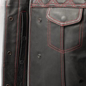 pocket view red stitched black leather vest
