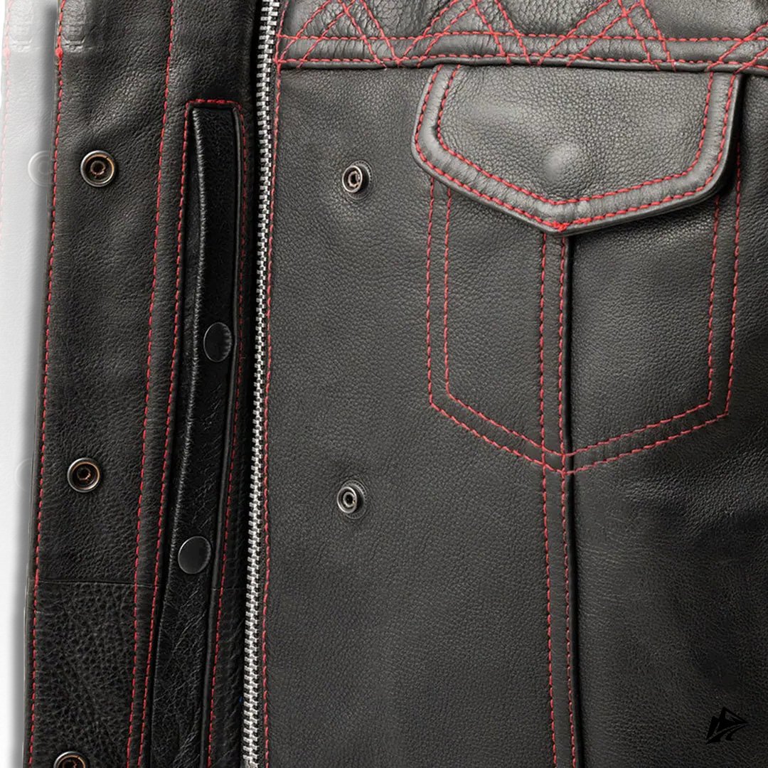 pocket view red stitched black leather vest pocket view red stitched black leather vest