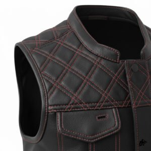 red stitched black vest man
