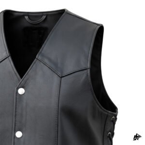 v neck black leather vest with straps