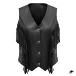 Women’s Black Western Leather Vest with Fringed Detailing