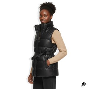women leather black puffer vest