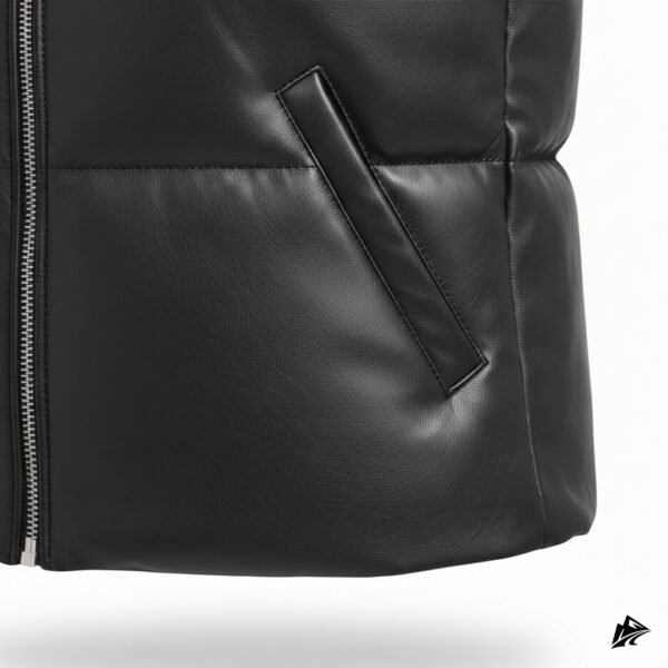 Black Quilted Leather Puffer Vest for Women, closure