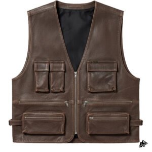 zipper brown biker leather vest