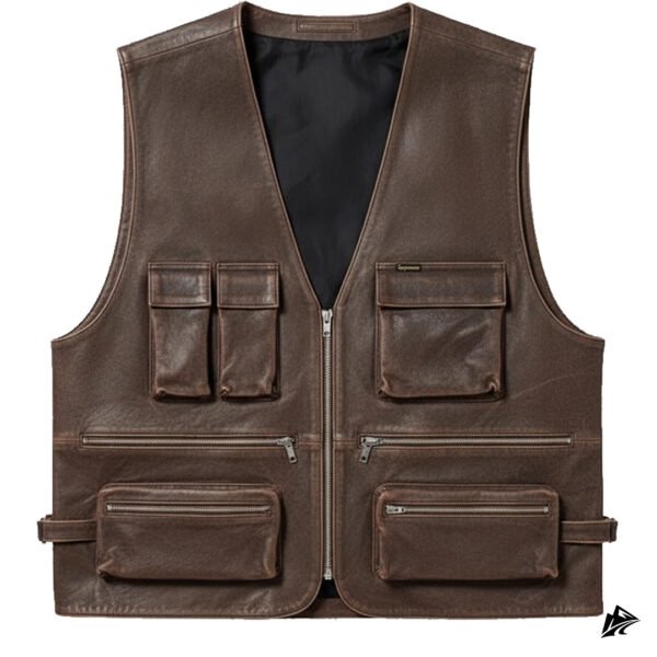 Men's Brown Leather Biker Vest with Zipper Pockets