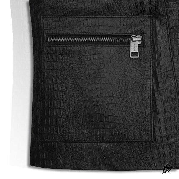Crocodile Embossed Black Leather Motorcycle Vest, closure