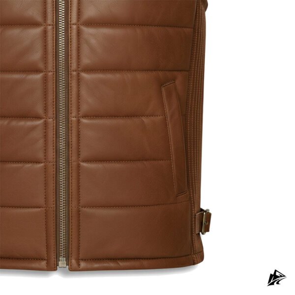 Men's Brown Shearling Leather Puffer Vest with Zipper Pockets, closure