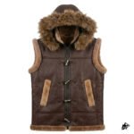 Men's Chocolate Brown Shearling Leather Vest with Hood