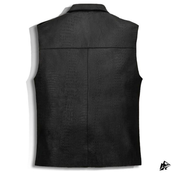 Crocodile Embossed Black Leather Motorcycle Vest, pockets