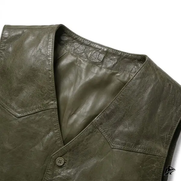 Distressed Green Leather Vest with Button Detailing, closure