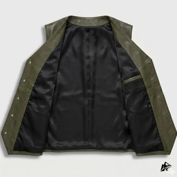 Distressed Green Leather Vest with Button Detailing, the leather