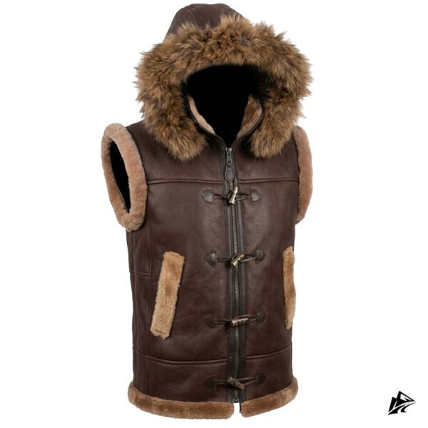 Men's Chocolate Brown Shearling Leather Vest with Hood, lining