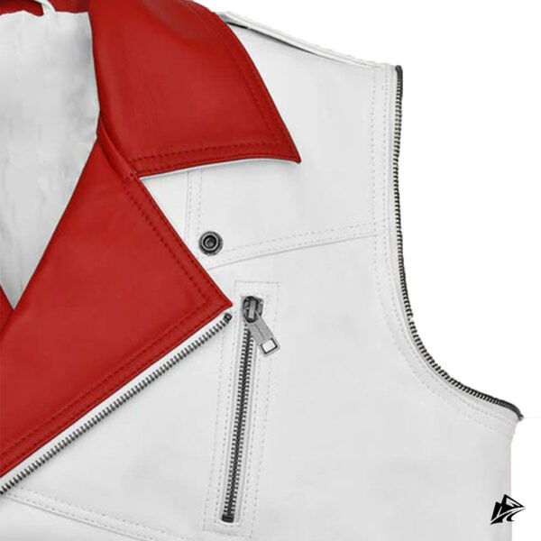Sharp White Leather Vest for Men with Red Collar, pockets