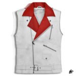 Sharp White Leather Vest for Men with Red Collar