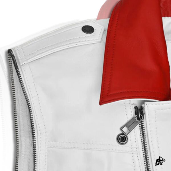 Sharp White Leather Vest for Men with Red Collar, closure