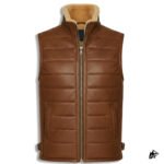 Men's Brown Shearling Leather Puffer Vest with Zipper Pockets