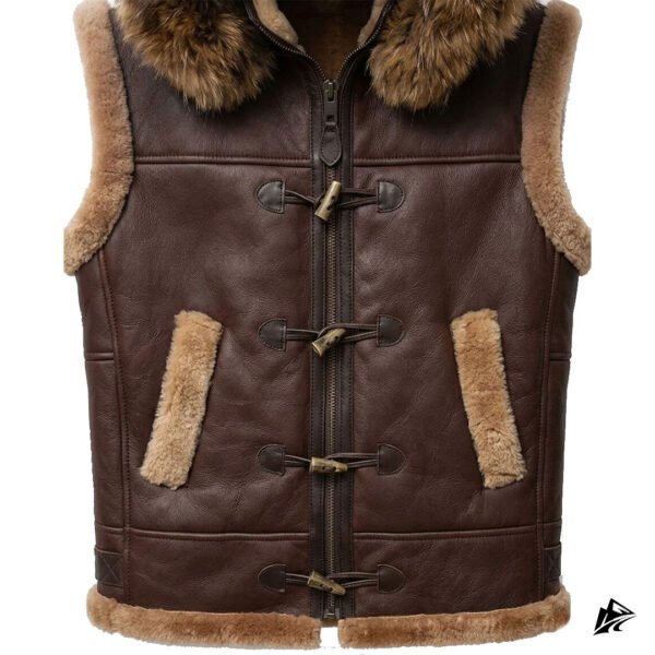 Men's Chocolate Brown Shearling Leather Vest with Hood, closure