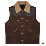 Men's Chocolate Brown Shearling Leather Vest with Zipper Pockets