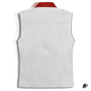white cropped leather vest with red collar