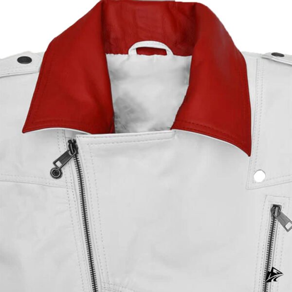 Sharp White Leather Vest for Men with Red Collar, the leather