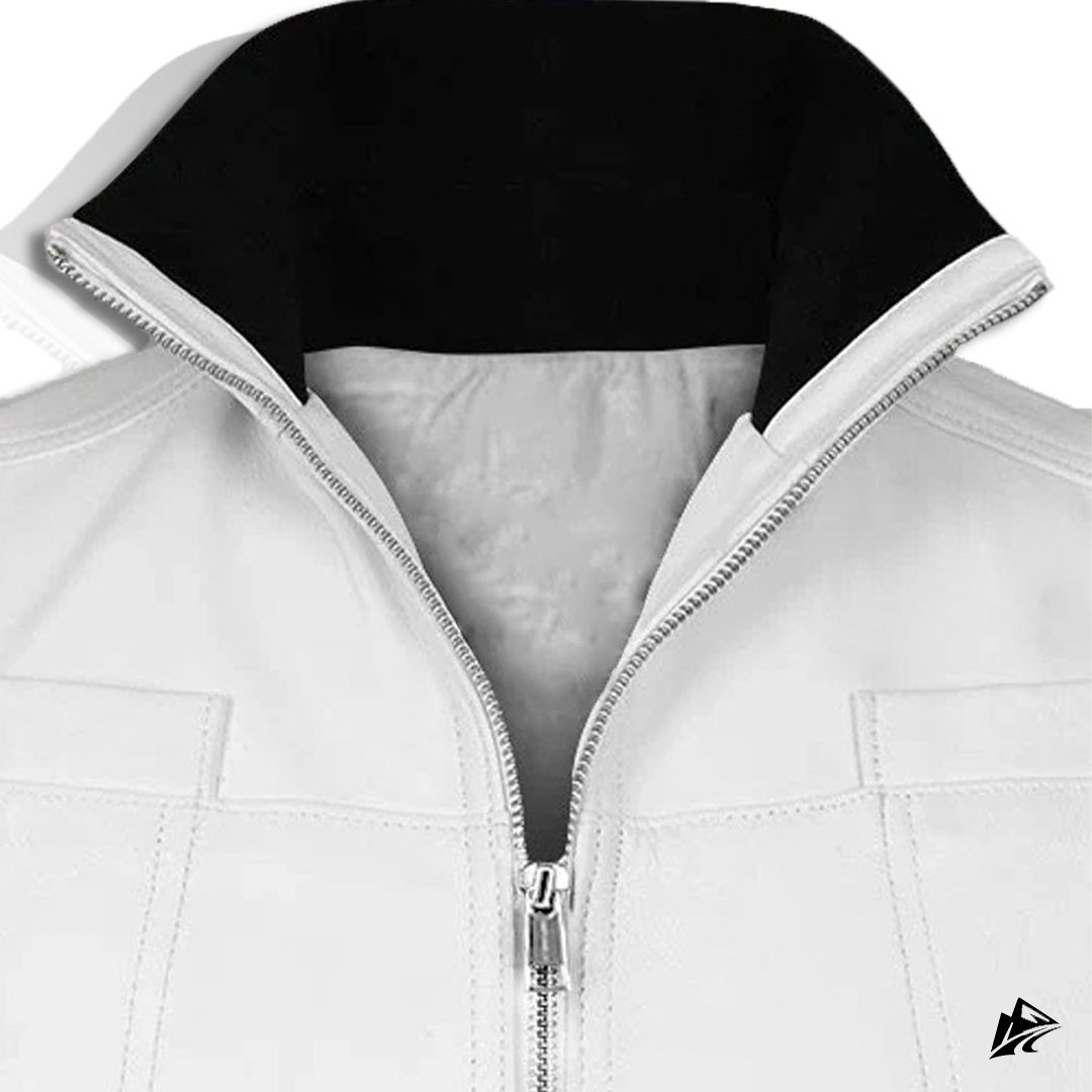 white leather vest with black collar white leather vest with black collar