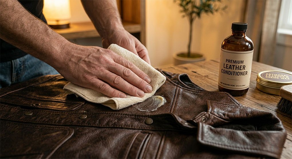 Applying Leather Conditioner on leather vest