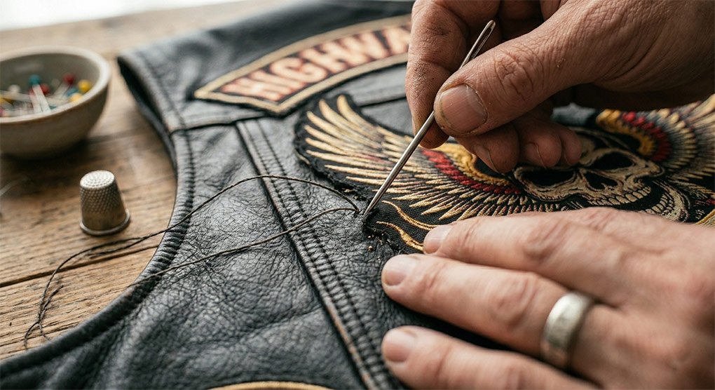 Close-up of hand stitching an embroidered patch onto a leather motorcycle vest with waxed thread