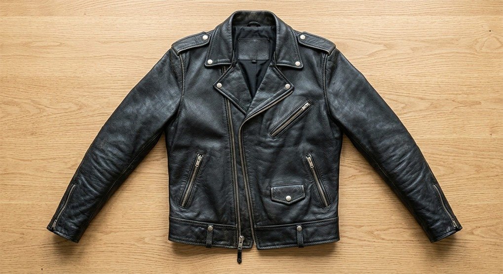 Leather jacket laid flat on a clean surface, ready for customization to transform into a stylish leather vest.
