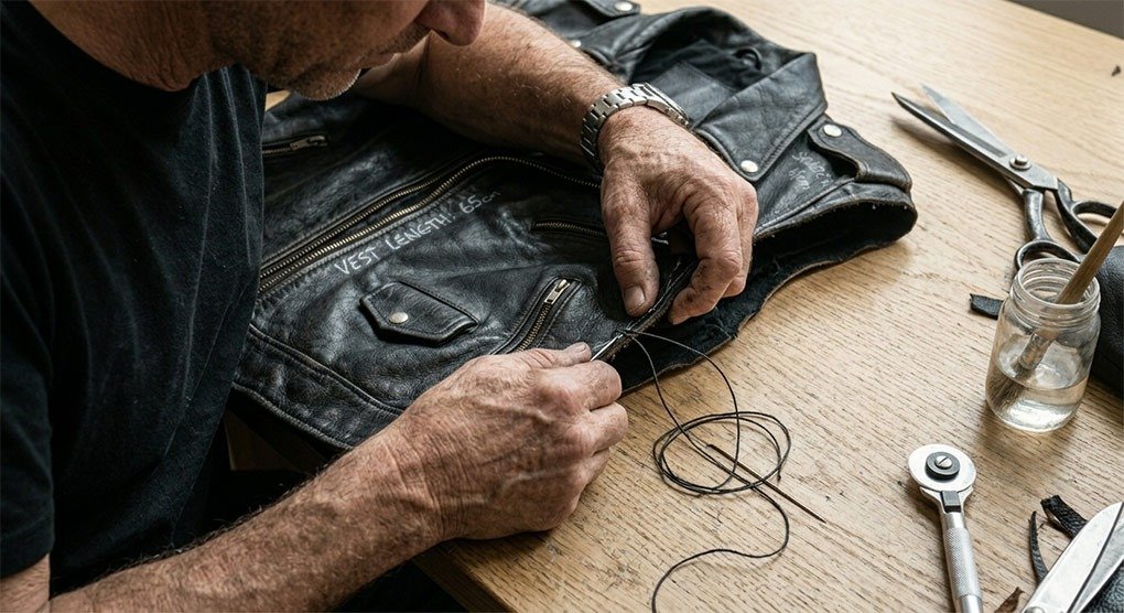 Sewing or gluing the edges of a leather jacket to create smooth, finished armholes and sides for a leather vest.