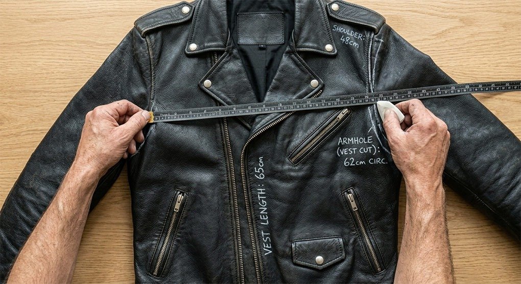 Person using measuring tape and chalk to mark cut lines on a leather jacket for vest transformation.