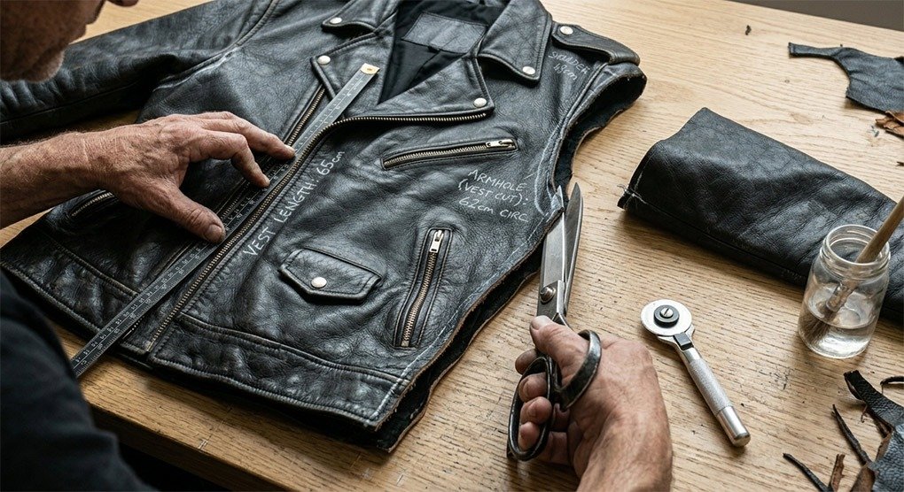 Cutting the sleeves and sides of a leather jacket with scissors to create a custom leather vest.