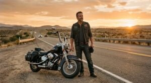 Rider wearing a custom black leather motorcycle vest with patches on a sunny American highway