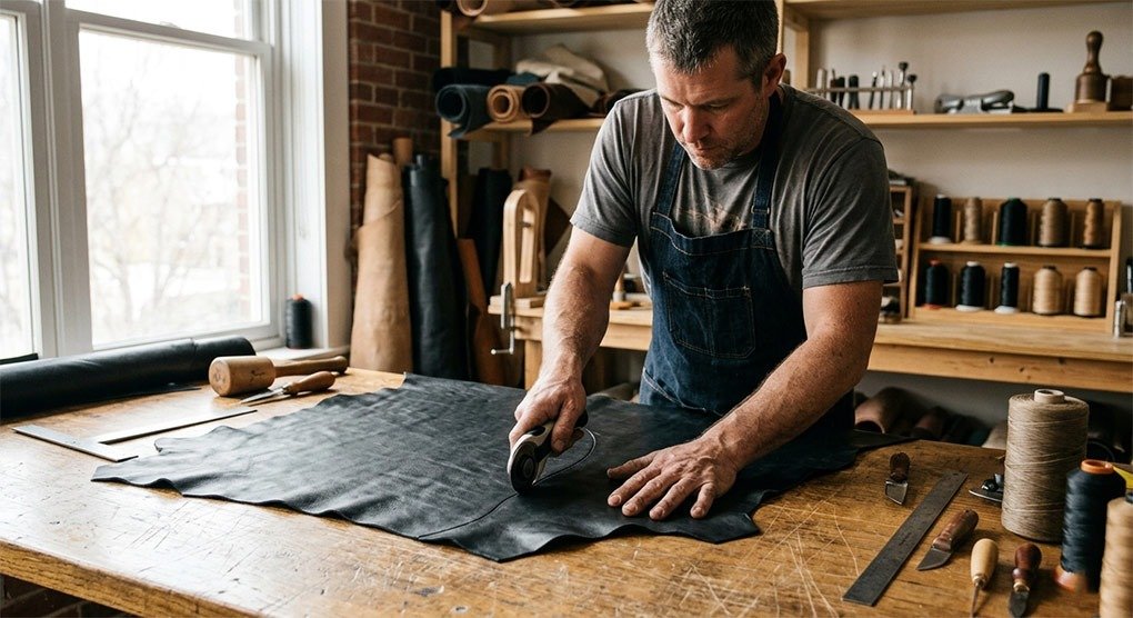 Leather artisan cutting fresh cowhide for a custom motorcycle vest order in a workshop setting