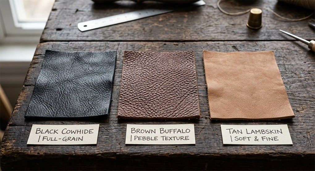 Close-up comparison of full-grain cowhide, buffalo leather, and lambskin leather textures for motorcycle vests