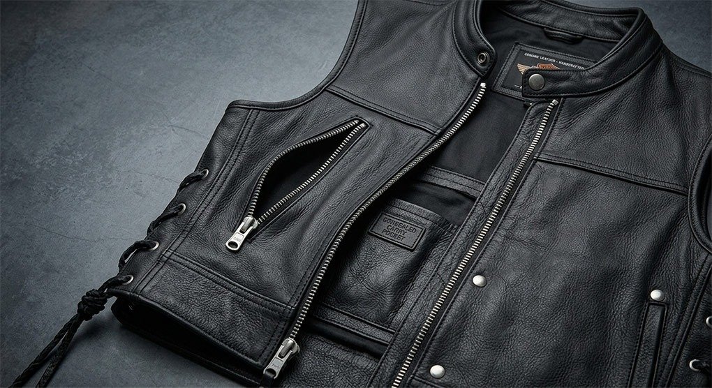 Detail shot of leather motorcycle vest showing zippered outside pocket and inside concealed carry pocket