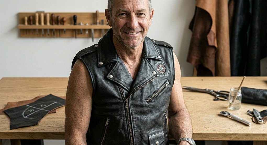 Person trying on a newly created leather vest, showcasing a comfortable fit and stylish design.