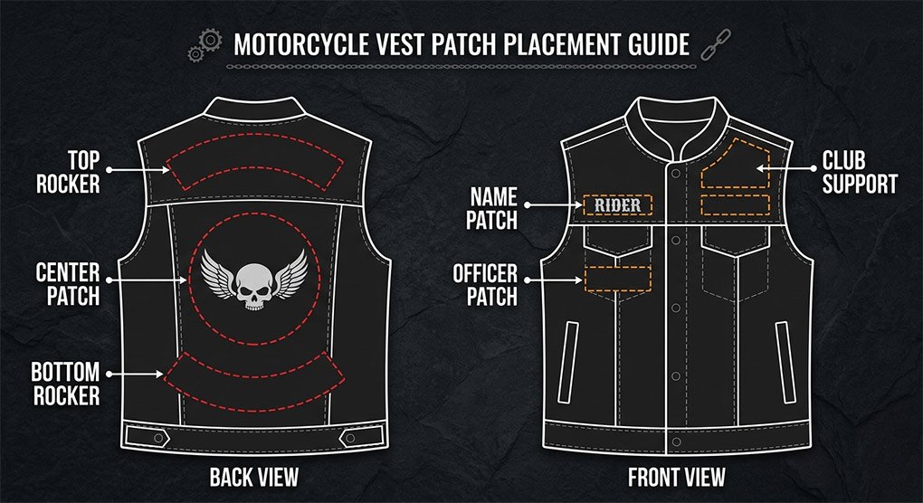 Front and back diagram of a motorcycle vest showing standard patch placement positions