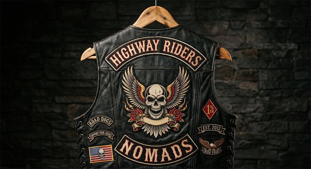 Back of a leather motorcycle vest with a full three-piece MC patch set including top rocker, center patch, and bottom rocker