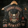 Back of a leather motorcycle vest with a full three-piece MC patch set including top rocker, center patch, and bottom rocker