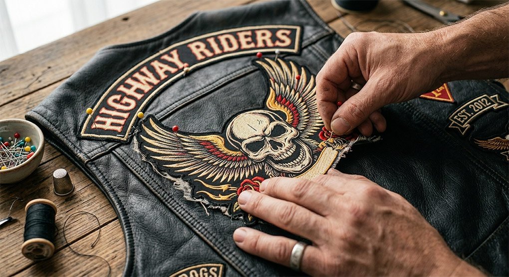 Close-up of a large embroidered patch pinned to the back of a black leather vest before sewing