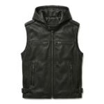 Men's Black Leather Vest with Hood