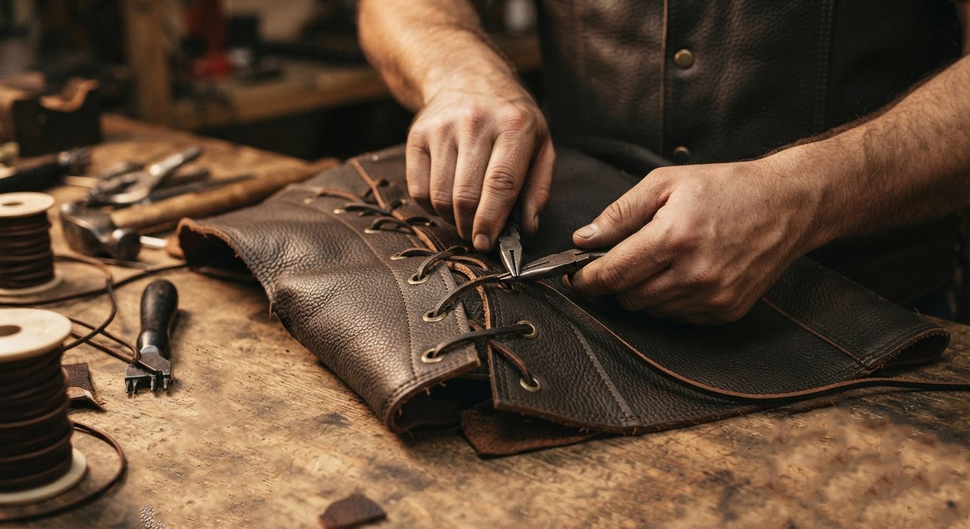 Craftsman's hands threading side-lace cord through eyelets during vest construction, close-up detail shot, workshop lighting.