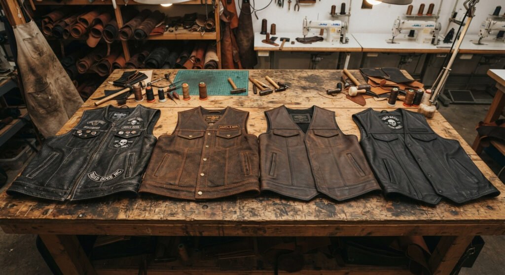 Wide shot of a leather workshop table with several finished leather MC vests laid out side by side — black cowhide, brown buffalo, and a lambskin piece — showing texture variety. Overhead or 45-degree angle, warm workshop lighting, visible stitching detail. Should feel authentic and hands-on, not stock-photo staged.