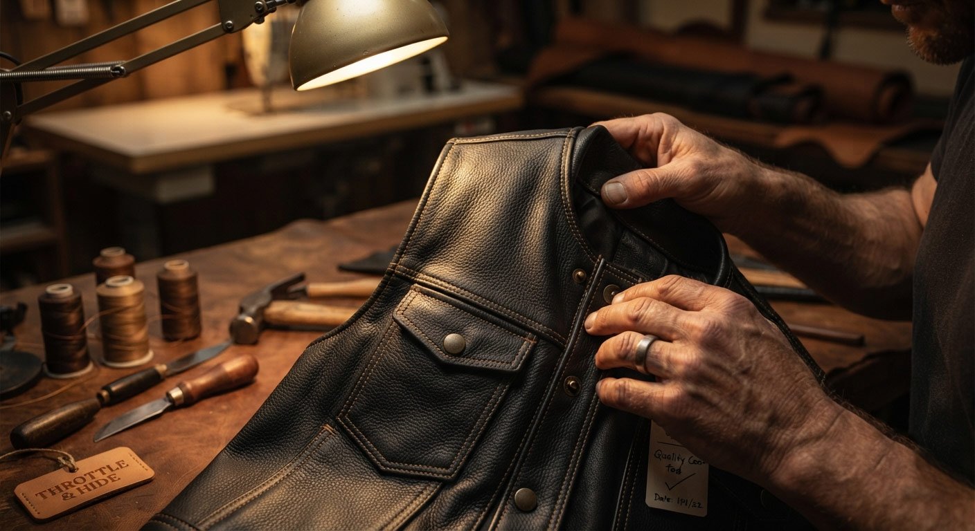 Founder or craftsman's hands holding a finished vest up for final inspection under workshop lighting — ties back to the 'quality-checked before shipping' brand promise. Warm, authentic, not overly polished.