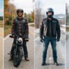 Four small vertical panels side by side (or a single wide composite) showing the same rider/vest across seasons: summer over a t-shirt, fall over a flannel, winter with the vest visible under an open riding jacket, and a wet-weather shot. Consistent lighting across all four.